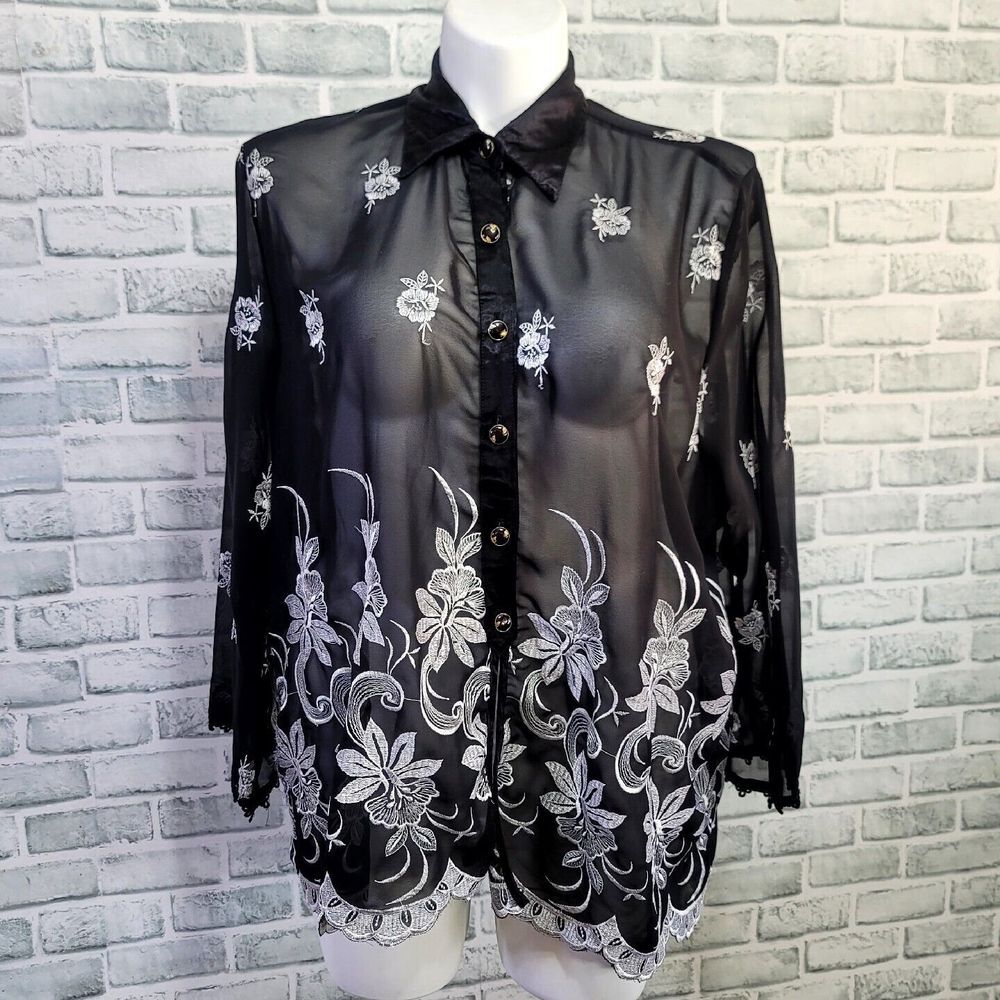 Vintage 80s 90s Sam Womens 2XL Sheer Popover Floral‎ Embroidered Blouse L/S